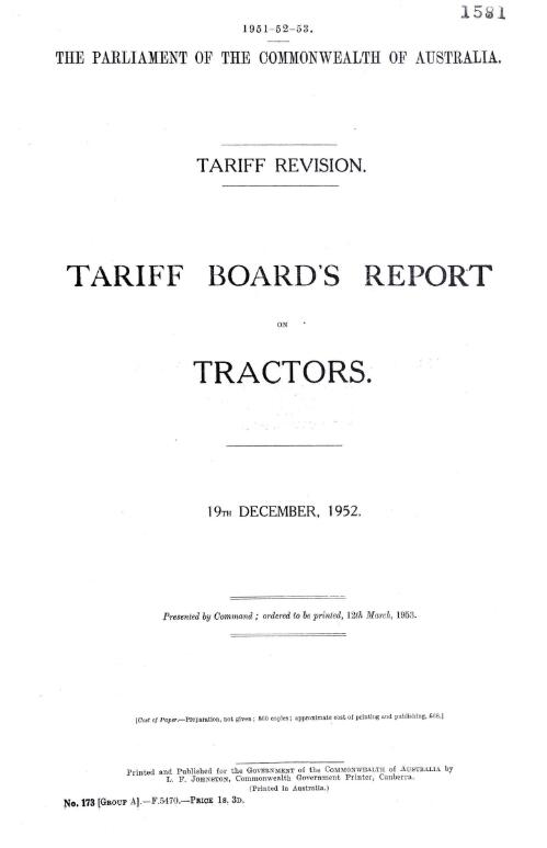 Tariff revision : Tariff Board's report on tractors, 19th December, 1952
