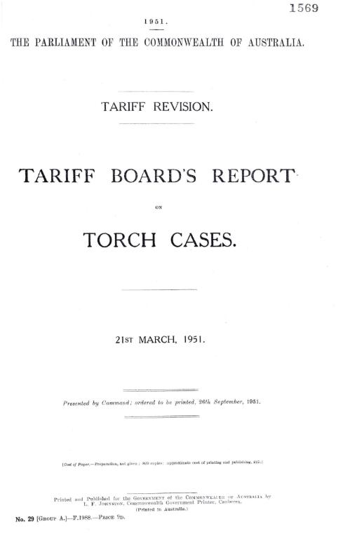 Tariff revision : Tariff Board's report on torch cases, 21st March, 1951