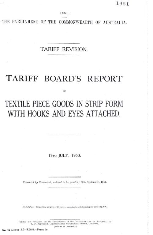 Tariff revision : Tariff Board's report on textile piece goods in strip form with hooks and eye attached, 13th July, 1950