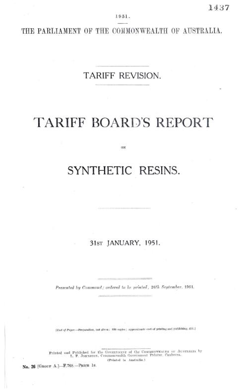 Tariff revision : Tariff Board's report on synthetic resins, 31st January, 1951