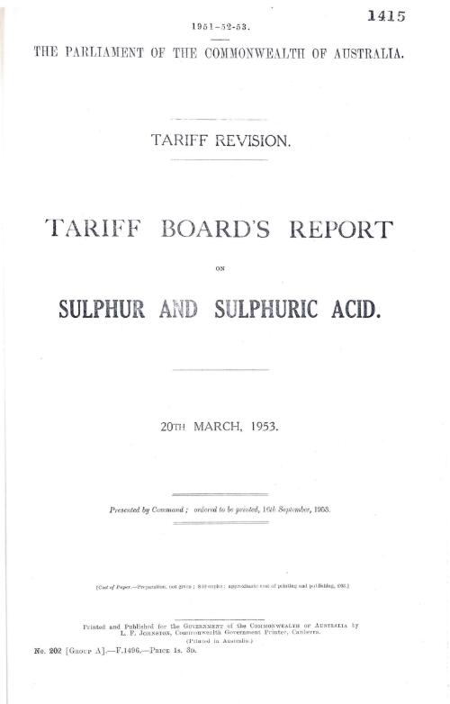 Tariff revision : Tariff Board's report on sulphur and sulphuric acid, 20th March, 1953