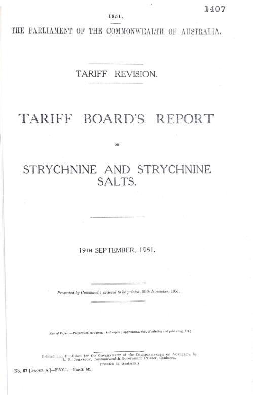 Tariff revision : Tariff Board's report on strychnine and strychnine salts, 19th September, 1951