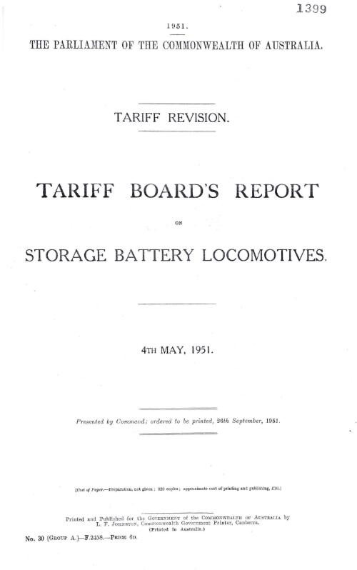 Tariff Board's report on storage battery locomotives, 4th May, 1951