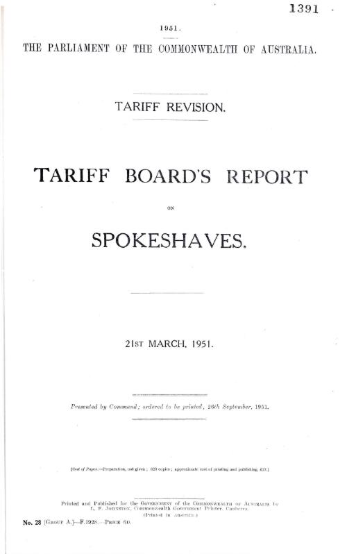 Tariff Board's report on spokeshaves, 21st March, 1951