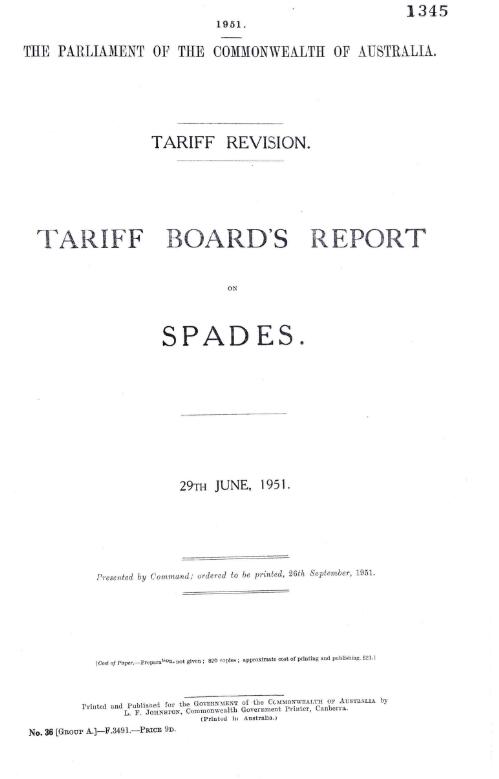 Tariff revision : Board's report on spades, 29th June, 1951