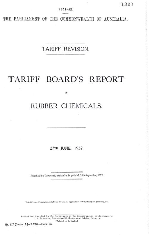 Tariff revision : Tariff Board's report on rubber chemicals, 27th June, 1952