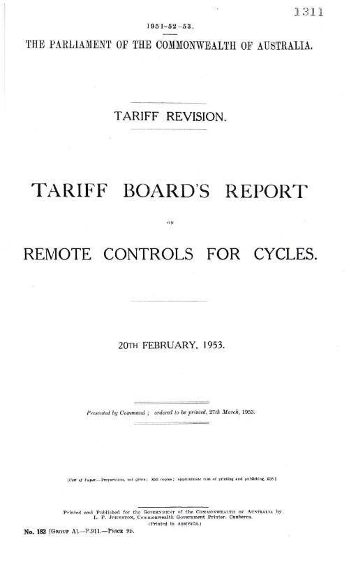 Tariff revision : Tariff Board's report on remote controls for cycles, 20th February, 1953