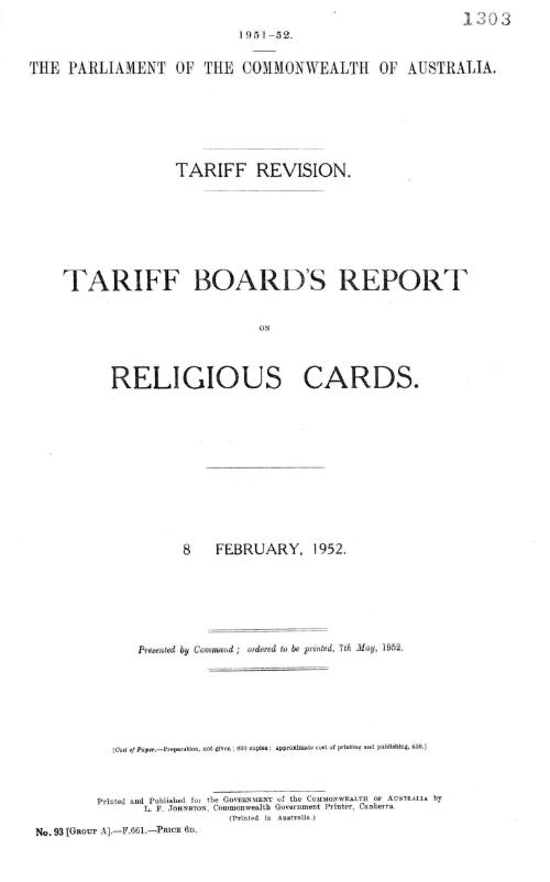 Tariff Board's report on religious cards, 8 February, 1952
