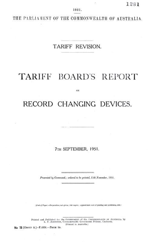 Tariff Board's report on record changing devices, 7th September, 1951