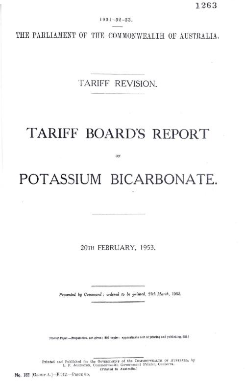 Tariff revision : Tariff Board's report on potassium bicarbonate, 20th February, 1953