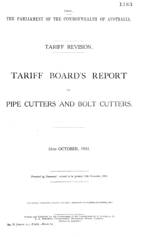 Tariff revision : Tariff Board's report on pipe cutters and bolt cutters, 16th October, 1951