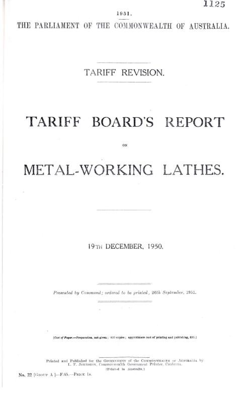 Tariff Board's report on metal-working lathes, 19th December, 1950