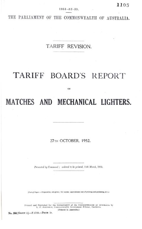 Tariff revision : Tariff Board's report on matches and mechanical lighters, 27 October, 1952