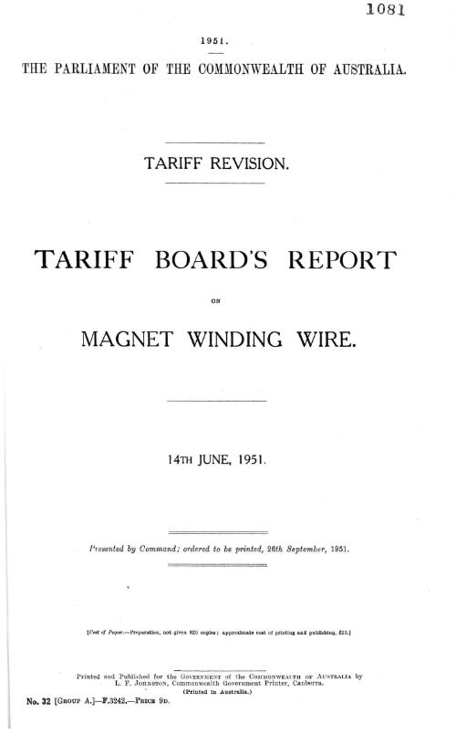 Tariff revision : Tariff Board's report on magnet winding wire, 14th June, 1951