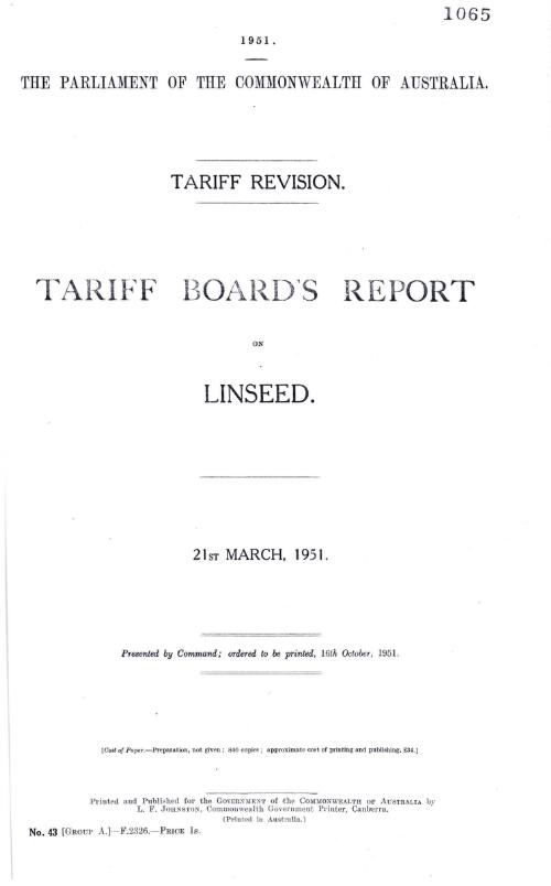 Tariff revision : Tariff Board's report on linseed, 21st March, 1951