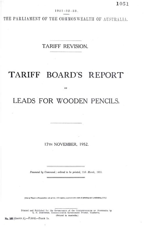Tariff revision : Tariff Board's report on leads for wooden pencils, 17th November,1952