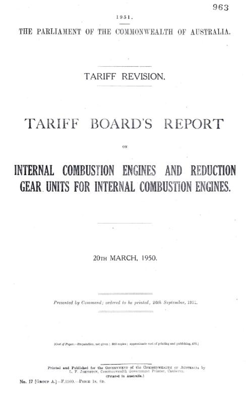 Tariff revision : Tariff Board's report on internal combustion engines and reduction gear units for internal combustion engines, 20th March, 1950