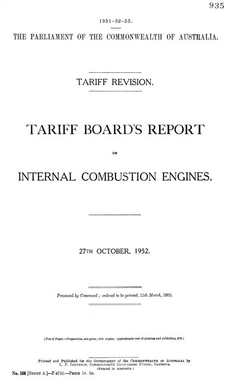 Tariff revision : Tariff Board's report on internal combustion engines, 27th October, 1952