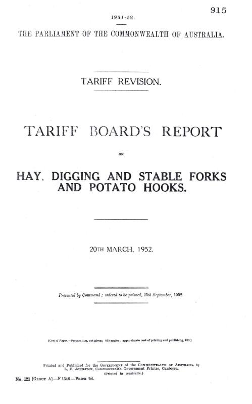 Tariff revision : Tariff Board's report on hay, digging and stable forks and potato hooks, 20th March, 1952