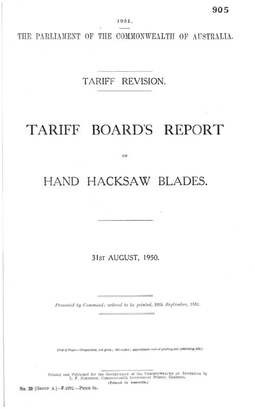 Tariff revision : Tariff Board's report on hand hacksaw blades, 31st August, 1950