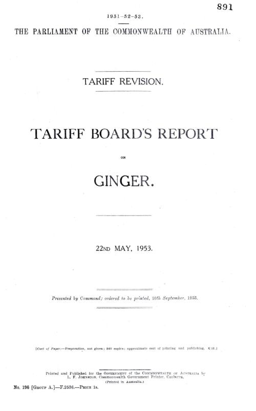 Tariff revision : Tariff Board's report on ginger, 22nd May, 1953