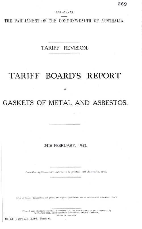 Tariff revision : Tariff Board's report on gaskets of metal and asbestos, 24th February, 1953