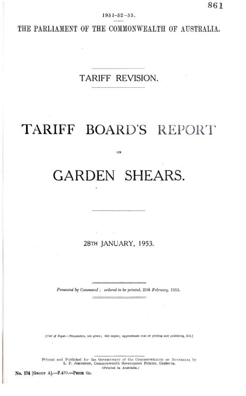 Tariff revision : Tariff Board's report on garden shears, 28th January, 1953