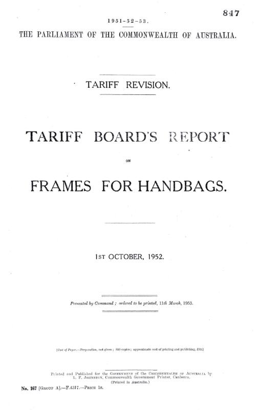 Tariff revision : Tariff Board's report on frames for handbags, 1st October, 1952