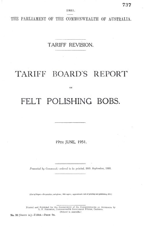 Tariff revision : Tariff Board's report on felt polishing bobs, 19th June, 1951