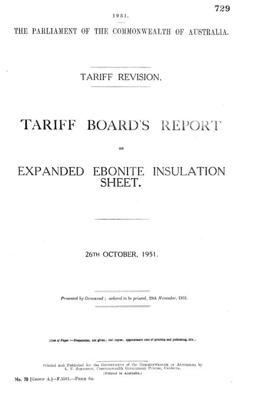 Tariff revision : Tariff Board's report on expanded ebonite insulation sheet, 26th October, 1951