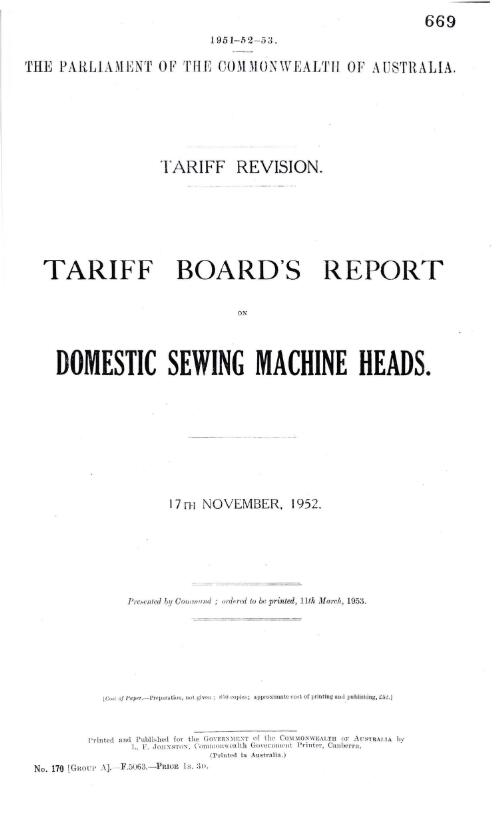Tariff revision : Tariff Board's report on domestic sewing machine heads, 17th November, 1952