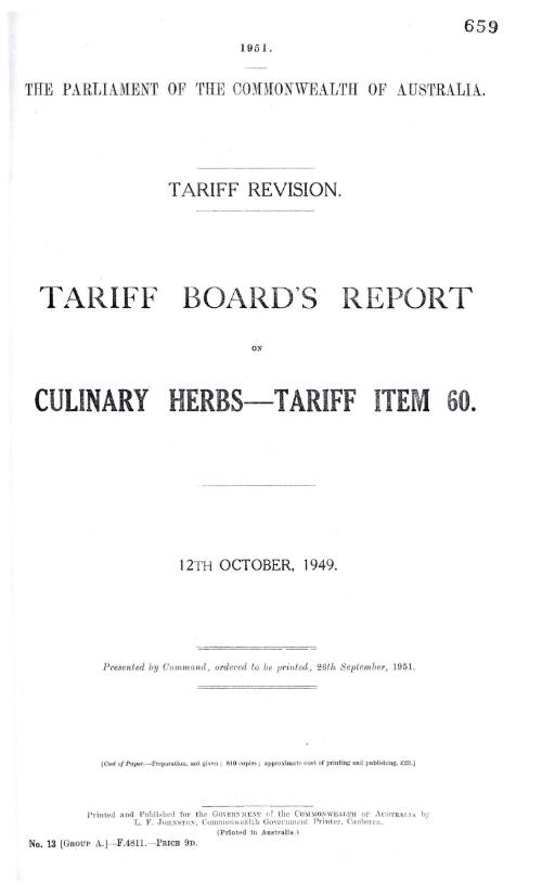 Tariff revision : Tariff Board's report on culinary herbs - tariff item 60, 12th October, 1949