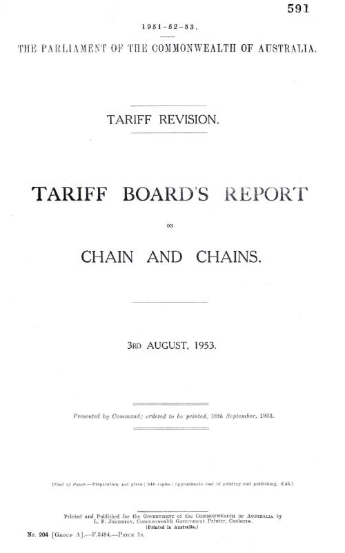 Tariff revision : Tariff Board's report on chain and chains, 3rd August, 1953