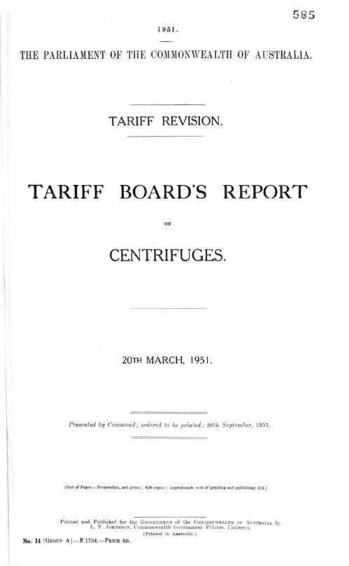 Tariff revision : Tariff Board's report on centrifuges, 20th March, 1951