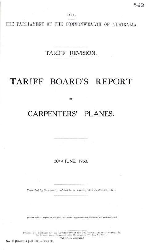 Tariff revision : Tariff Board's report on carpenters' planes, 30th June, 1950