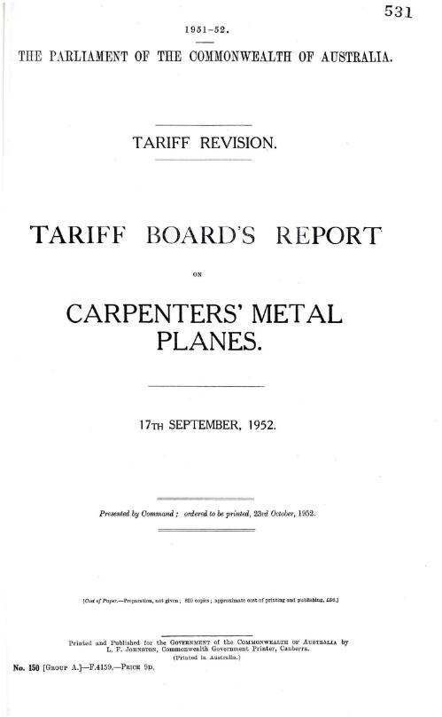 Tariff revision : Tariff Board's report on carpenters' metal planes, 17th September, 1952