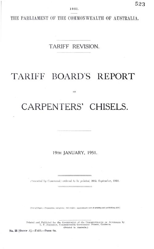Tariff revision : Tariff Board's report on carpenters' chisels, 19th January, 1951