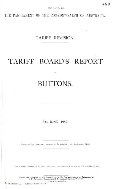 Tariff revision : Tariff Board's report on buttons, 3rd June, 1952