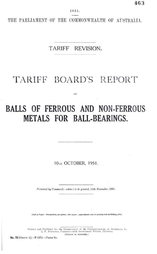 Tariff Board's report on balls of ferrous and non-ferrous metals for ball-bearings, 10th October, 1951