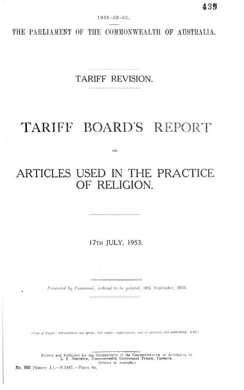 Tariff revision : Tariff Board's report on articles used in practice of religion, 17th July, 1953