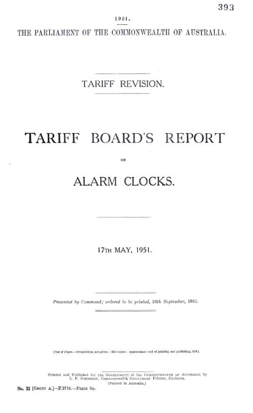 Tariff revision : Tariff Board's report on alarm Clocks, 17th May, 1951