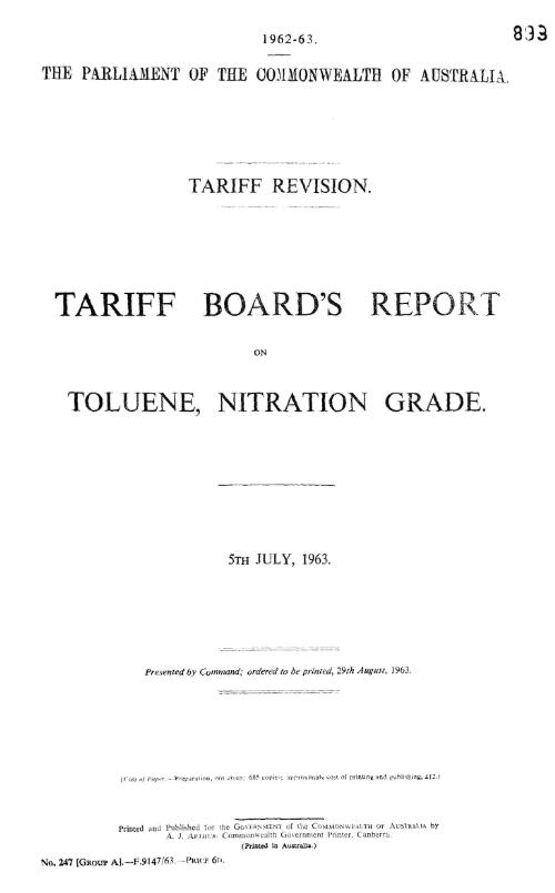 Tariff revision : Tariff Board's report on toluene, nitration grade, 5th July, 1963