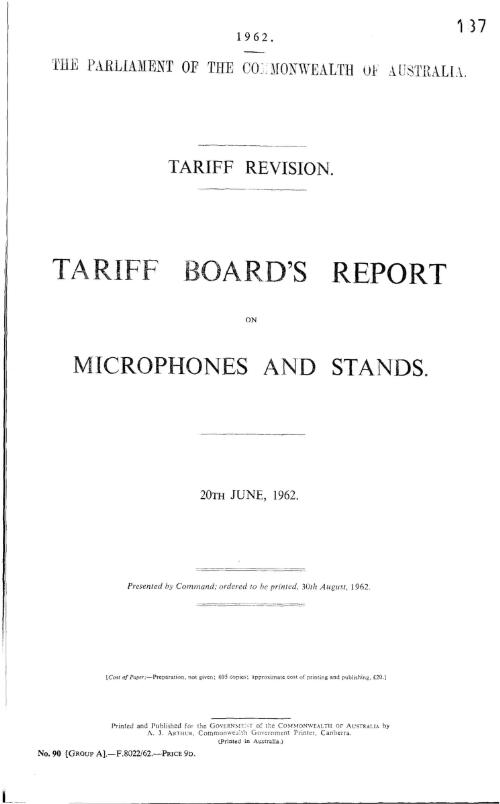 Tariff revision : Tariff Board's report on microphones and stands, 20th June, 1962