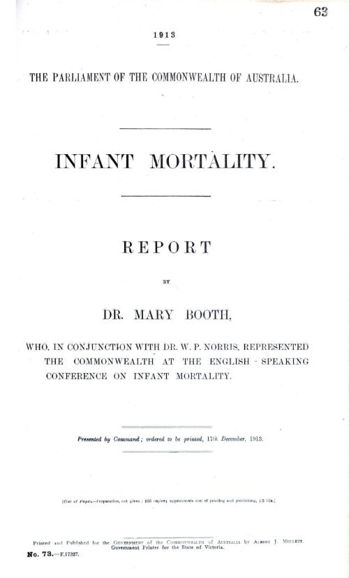 Infant mortality : report / by Dr. Mary Booth