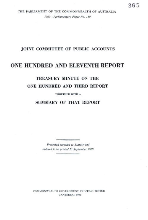One hundred and eleventh report : Treasury minute on the one hundred and third report together with a summary of that report / Joint Committee of Public Accounts