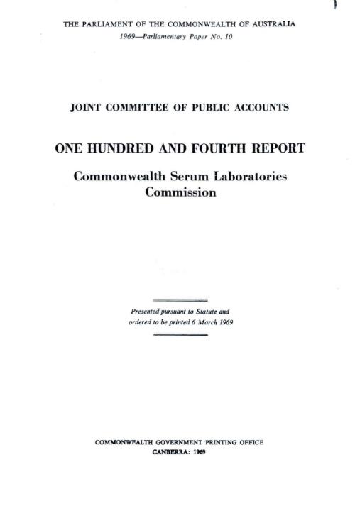 One hundred and fourth report : Commonwealth Serum Laboratories Commision / Joint Committee of Public Accounts