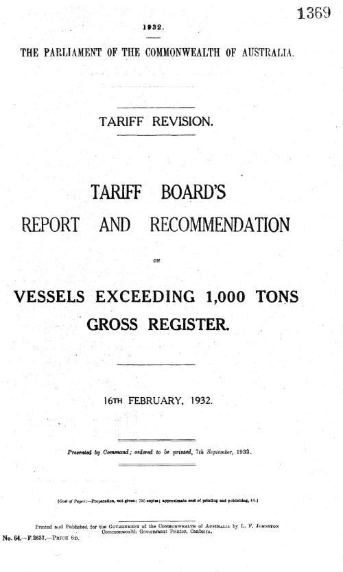 Tariff revision : Tariff Board's report and recommendation on vessels exceeding 1,000 tons gross register, 16th February, 1932