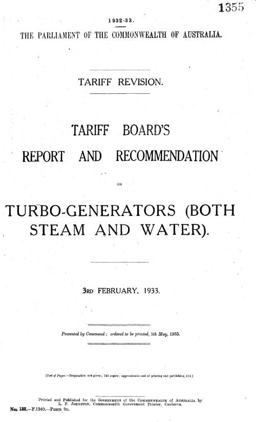 Tariff revision : Tariff Board's report and recommendation on turbo-generators (both steam and water), 3rd February, 1933