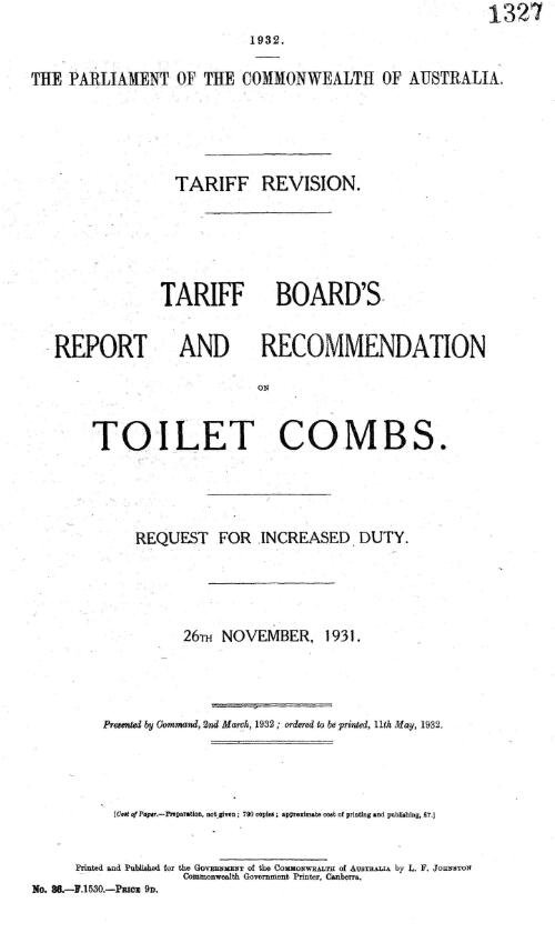 Tariff revision : Tariff Board's report and recommendation on toilet combs, 26th November, 1931