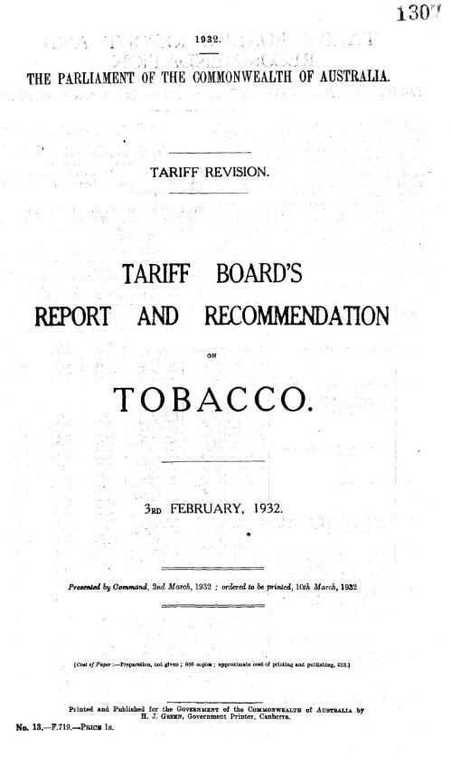 Tariff revision : Tariff Board's report and recommendation on tobacco, 3rd February, 1932